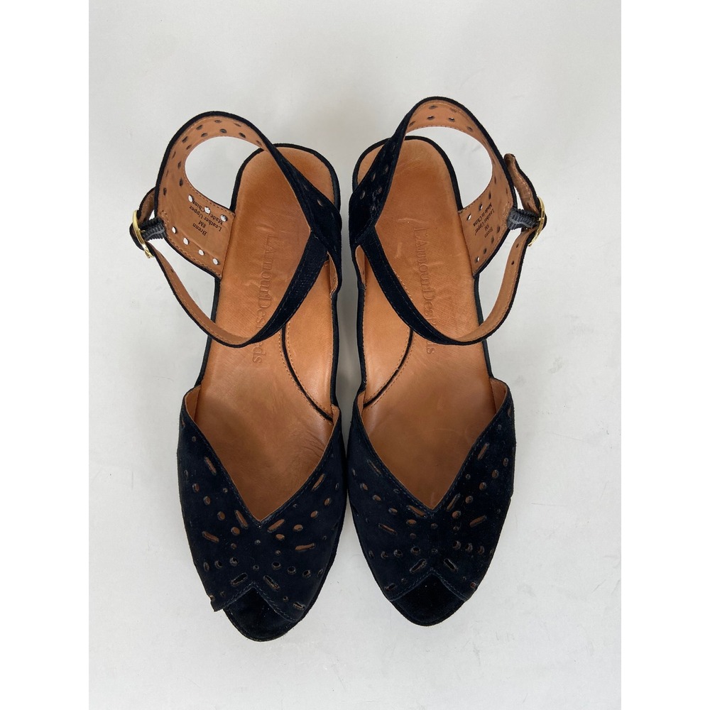L'amour Des Pieds Brenn Size 8M Black Suede Laser Cut Peep Toe Wedge Sandals - Picture 5 of 10